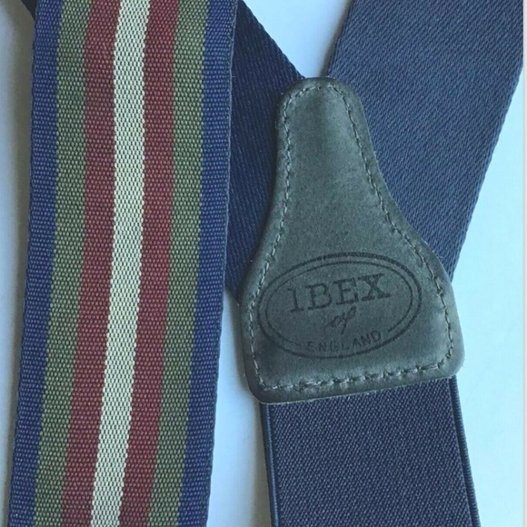 IBEX suspenders braces, Burgundy,gray & navy stripe fabric, brass tabs England - Picture 6 of 6